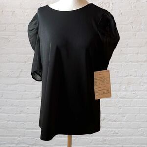 ADRIANNA Papell black sheer sleeve top scoopneck back button closure medium